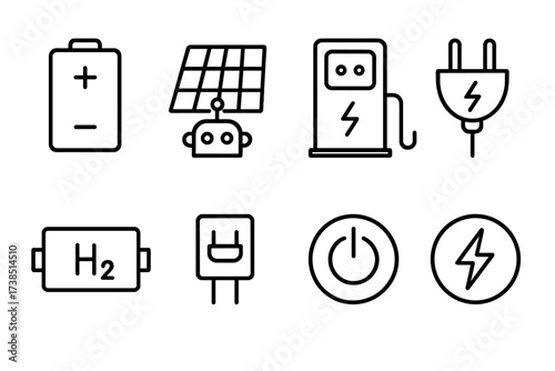 Robot Power Icons. Outline icon set of robot power sources: battery, solar panel, charging station, power plug, fuel cell, capacitor, power switch, energy