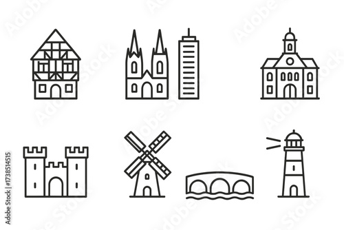 German Architecture Icons. Outline icon set of German architecture: half-timber house, cathedral spire, modern skyscraper, town hall, castle gate, windmill,
