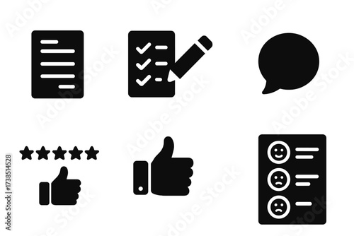 Educational Feedback Icons. Solid, filled icon set of educational feedback: report card, checklist, pencil, speech bubble, star rating, thumbs up, thumbs down,