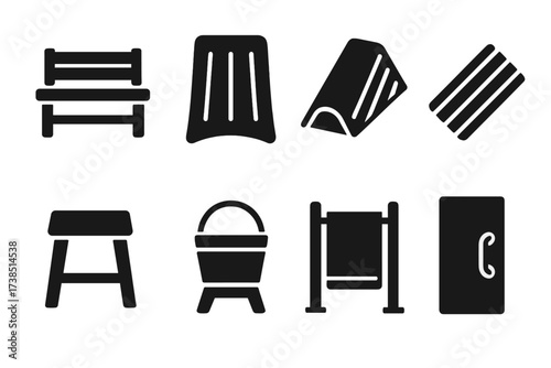 Sauna Furniture Icons. Solid, filled icon set of sauna furniture: wooden bench, backrest, headrest, floor mat, stool, bucket stand, towel rack, sauna door