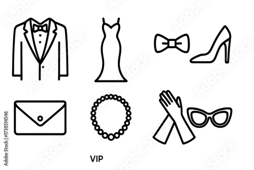 VIP Fashion Icons. Outline icon set of VIP fashion and style: tuxedo, evening gown, high heels, bow tie, clutch purse, pearl necklace, silk gloves, designer