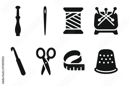 Lace-Making Tools Icons. Solid, filled icon set of lace-making tools: bobbin, needle, thread spool, lace pillow, crochet hook, scissors, tape measure, thimble.