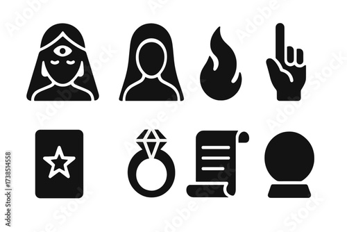 Oracle Woman Icons. Solid, filled icon set of oracle woman: third eye, veil, ethereal flame, hand gesture, star card, crystal ring, whisper scroll, future