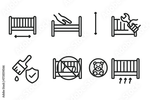 Crib Safety Icon Set. Outline icon set of crib safety checks: gap measurement, mattress firmness, side height, hardware tightness, paint safety, no loose