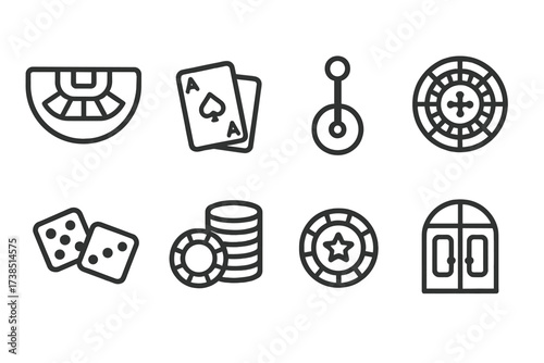 Casino Game Icons. Outline icon set of casino games floor: baccarat table, poker cards, slot lever, roulette wheel, dice pair, betting chips, dealer chip,