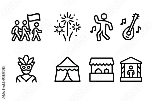 Festival Icons Set. Outline icon set of local festivals and celebrations: parade, fireworks, dancing, traditional music, costume, festival tent, food stall,