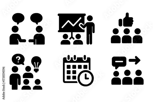 Meeting Actions Icons. Solid, filled icon set of meeting actions: discussion, presentation, voting, Q&A, brainstorming, scheduling, feedback, decision making.