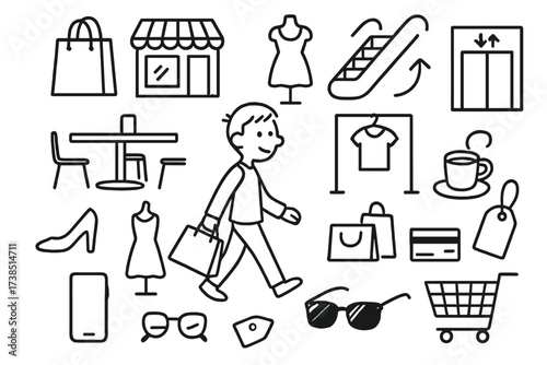 Shopping Mall Doodle. Hand-drawn doodle illustration A person walking through a modern shopping mall shopping bag, storefront, mannequin, clothing rack,