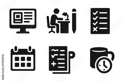 Newspaper Editing Icons. Solid, filled icon set of newspaper editing: computer, editor?s desk, red pen, checklist, calendar, proofreading marks, coffee mug,