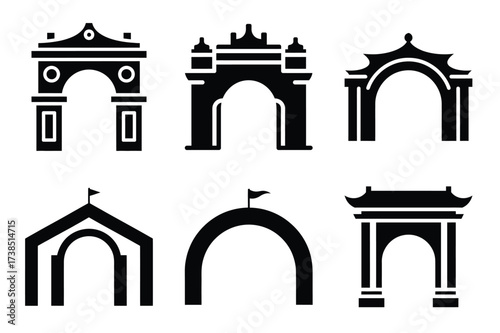 Festival arch icon set, black isolated silhouette fill vector icons