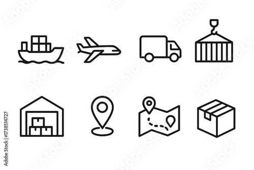 Global Logistics Icons. Outline icon set of global logistics: cargo ship, airplane, delivery truck, container, warehouse, GPS pin, route map, package. [Line