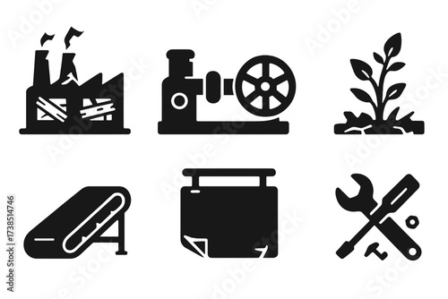 Vacant Factory Icons. Solid, filled icon set of vacant factory: broken smokestacks, rusted machinery, boarded windows, cracked concrete, overgrown plants,