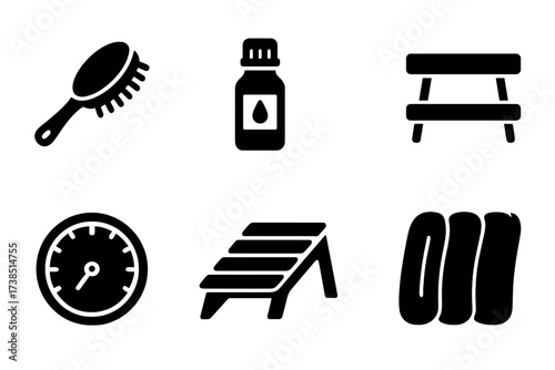 Sauna Accessories Icons. Solid, filled icon set of sauna accessories: sauna brush, essential oil bottle, water splash, sauna seat, sauna clock, footrest, sauna