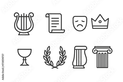 Empire Culture Icons. Outline icon set of empire culture: lyre, scroll, theatre mask, crown, chalice, laurel wreath, harp, column. Line icons in only black