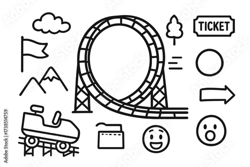 Roller Coaster Doodles. Hand-drawn doodle illustration roller coaster loop roller coaster track, loop, cart, wheel, track supports, mountain, tree, cloud,