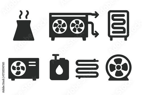 Cooling Equipment Icons. Solid, filled icon set of cooling industrial equipment: cooling tower, chiller, heat exchanger, cooling coil, refrigeration unit,