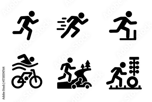 Race Type Icons. Solid, filled icon set of race types: marathon, sprint, relay, hurdle, triathlon, cross-country, drag race, obstacle course. [Line icons in