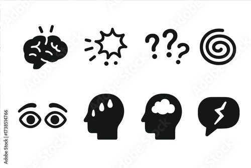 Mental Anxiety Icons. Solid, filled icon set of mental anxiety states: worried brain, scattered thoughts, question marks, dizzy swirl, anxious eyes, sweating