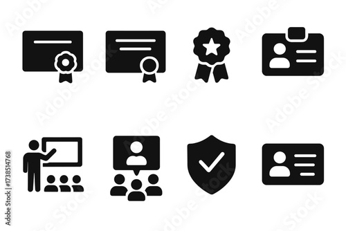 Advisor Qualification Icons. Solid, filled icon set of advisor qualifications: diploma, certificate, badge, ID card, training, workshop, accreditation,