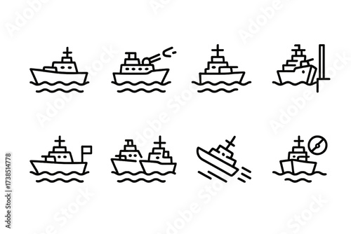 Battleship Operations Icons. Outline icon set of battleship operations: sailing, firing salvo, docking, patrolling, battle formation, evasive maneuver,