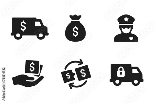 Cash Delivery Icons. Solid, filled icon set of cash delivery: armored truck, cash bag, courier hand, security guard, cash box, delivery route, money transfer,