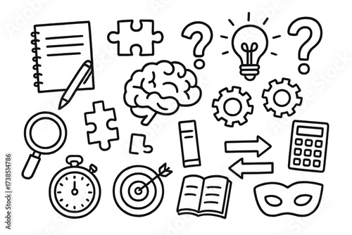 Doodles of Discovery. Hand-drawn doodle illustration mental challenge brain, puzzle pieces, question mark, light bulb, notebook, pen, gears, magnifying glass,