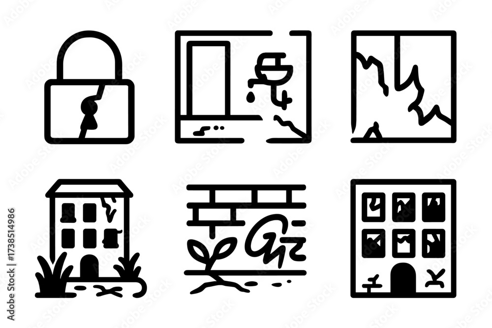 Abandoned Building Icons. Solid, filled icon set of forsaken building: broken locks, empty rooms, smashed fixtures, peeling wallpaper, overgrown courtyard,