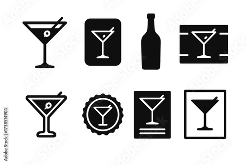 Martini Icon Collection. Solid, filled icon set of martini advertising and branding: logo design, label, bottle silhouette, slogan banner, promotional flyer,