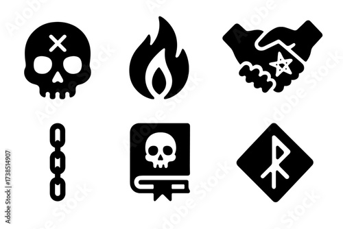Forbidden Magic Icons. Solid, filled icon set of forbidden magic: cursed skull, black flame, soul shard, demonic pact, chain spell, forbidden tome, corrupted