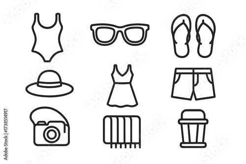 Honeymoon Icon Sets. Outline icon set of honeymoon fashion: swimsuit, sunglasses, sandals, sunhat, dress, shorts, camera bag, beach towel. Line icons in only