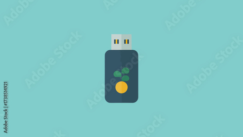 Stylized usb drive with a leaf and circle design on a light blue background showcasing data storage and digital connectivity for modern technology and file transfer solutions
