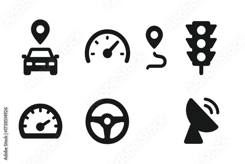 Vehicle Tracking Icons. Solid, filled icon set of vehicle tracking: car GPS, speedometer, map pin, route path, traffic signal, odometer, steering wheel,