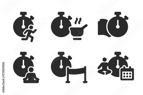 Stopwatch Icon Set. Solid, filled icon set of stopwatch uses: sports timing, cooking timer, study timer, workout interval, meditation timer, race timing, event