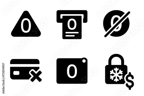 Zero Balance Icons. Solid, filled icon set of zero balance banking: zero balance alert, empty ATM, account statement, no deposit, bank card declined, balance