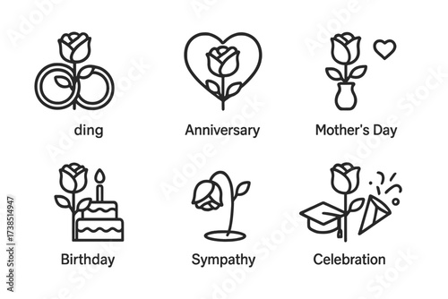 Rose Occasion Icons. Outline icon set of rose related occasions: wedding, anniversary, Valentine's Day, Mother's Day, birthday, sympathy, graduation,