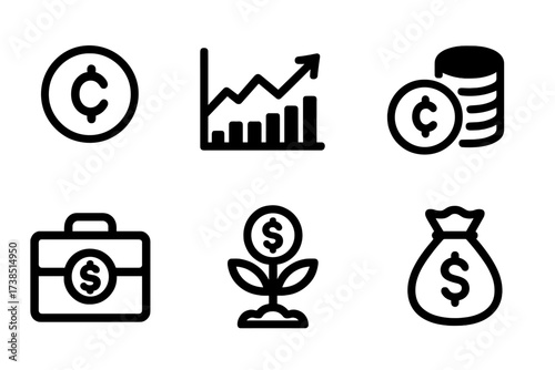 Penny Investment Icons. Solid, filled icon set of penny investment: penny coin, stock chart, growing money, coin stack, investment portfolio, savings, money