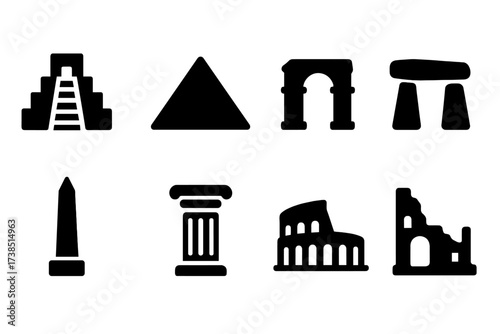 Ancient Architecture Icons. Solid, filled icon set of ancient architecture: ziggurat, pyramid, stone arch, dolmen, obelisk, temple column, amphitheater, ruin