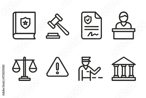 Cross-Border Legal Icons. Outline icon set of cross-border legal issues: law book, gavel, contract, judge?s bench, legal scales, warning sign, border patrol,