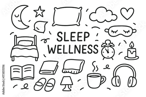Sleep Wellness Doodles. Hand-drawn doodle illustration Sleep wellness moon, pillow, bed, star, blanket, book, alarm clock, eye mask, cloud, candle, heart,