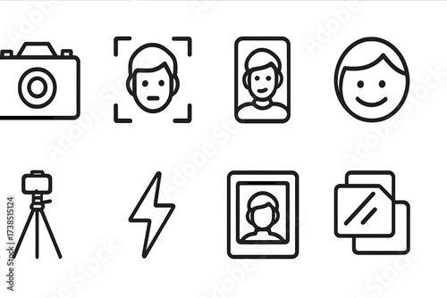 Portrait Photography Icons. Outline icon set of portrait photography: camera, face, selfie, smile, tripod, flash, photo frame, filter. Line icons in only black