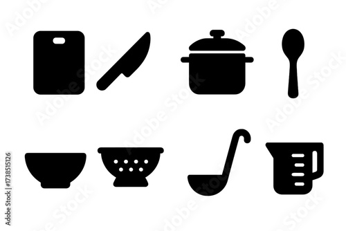 Food Prep Icons. Solid, filled icon set of food preparation: chopping board, knife, pot, spoon, bowl, strainer, ladle, measuring cup. [Line icons in only black