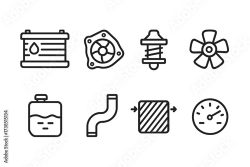 Engine Cooling Icons. Outline icon set of engine cooling system: radiator, water pump, thermostat, cooling fan, coolant reservoir, hose, heat exchanger,