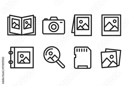 Photo Album Icons. Outline icon set of photo albums: open album, camera, photo frame, polaroid, scrapbook, magnifying glass, memory card, picture stack. Line