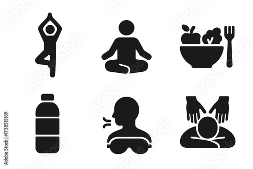 Wellness Icon Set. Solid, filled icon set of wellness activities: yoga pose, meditation, jogging, healthy meal, hydration bottle, sleep mask, deep breathing,