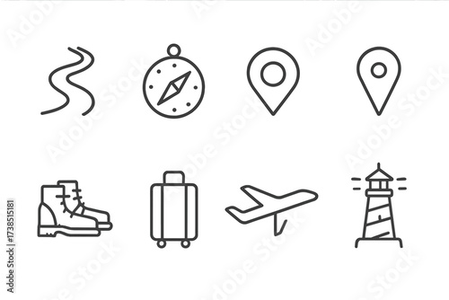 Forever Journey Icons. Outline icon set of forever journeys: winding road, compass, map marker, hiking boots, suitcase, airplane, bridge, lighthouse. Line