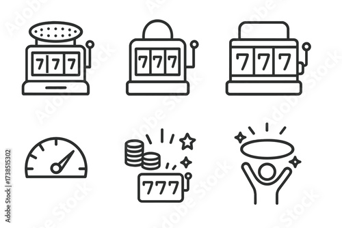 Slot Machine Jackpot Icons. Outline icon set of slot machine jackpots: progressive jackpot, mini jackpot, major jackpot, mega jackpot, jackpot meter, jackpot