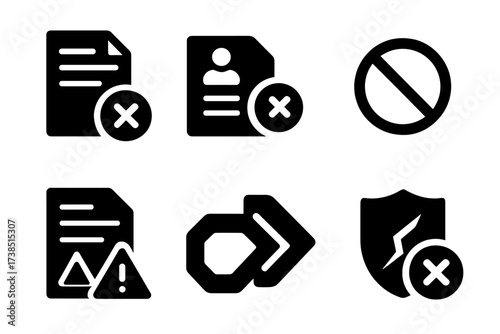 Application Rejection Icons. Solid, filled icon set of failed application: rejected form, cross on resume, locked file, no permission sign, error document,
