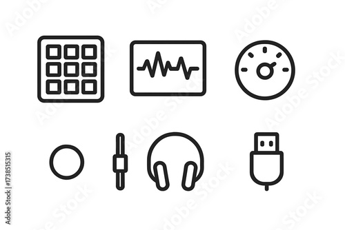 Beat Sampling Tool Icons. Outline icon set of beat sampling tools: drum pad, waveform display, tempo dial, play/pause button, record light, volume slider,