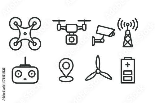 Drone Icon Set. Outline icon set of recon drone: quadcopter, camera drone, surveillance camera, antenna, remote controller, GPS module, propeller, battery
