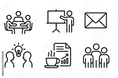 Office Activities Icons. Outline icon set of office activities: meeting, presentation, phone call, email, brainstorming, coffee break, report, teamwork. Line